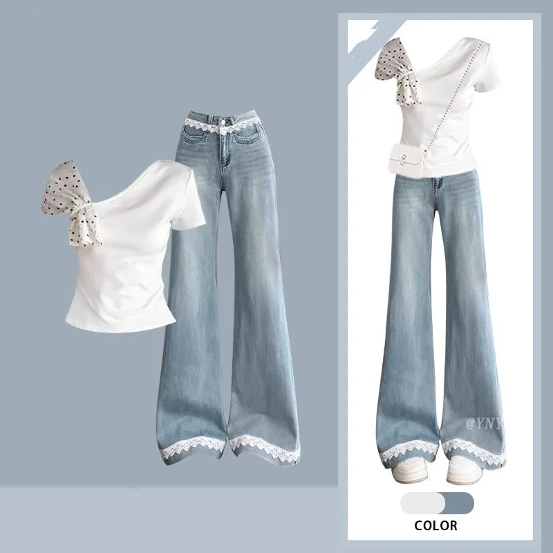 

Women's Summer Graceful Dot Bowknot Skew Collar Top Wide Leg Lace Denim Pants 1 or Two Piece Set Lady White T-Shirts Jeans Suits