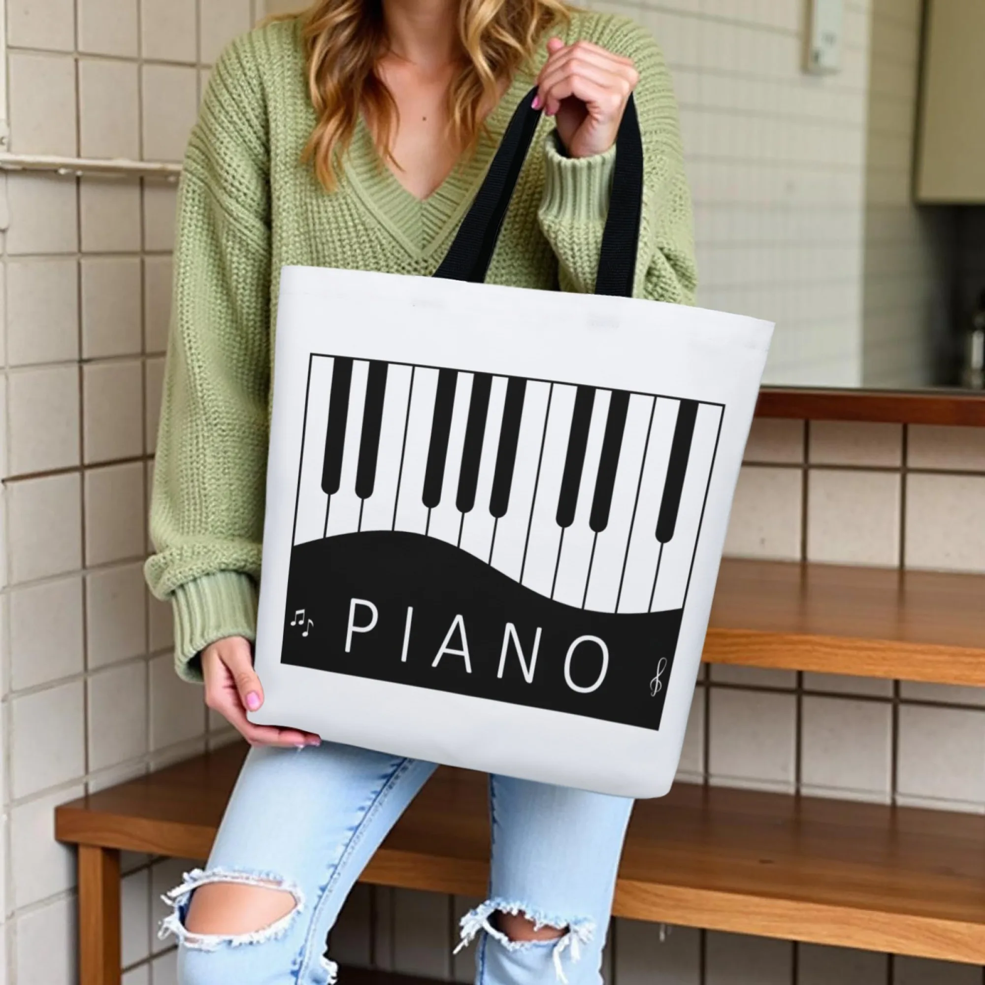 Black White Piano Keyboard Pattern Tote Bag Music Note Print Canvas Reusable Shoulder Bag Daily Shopping Bag for Music Fans