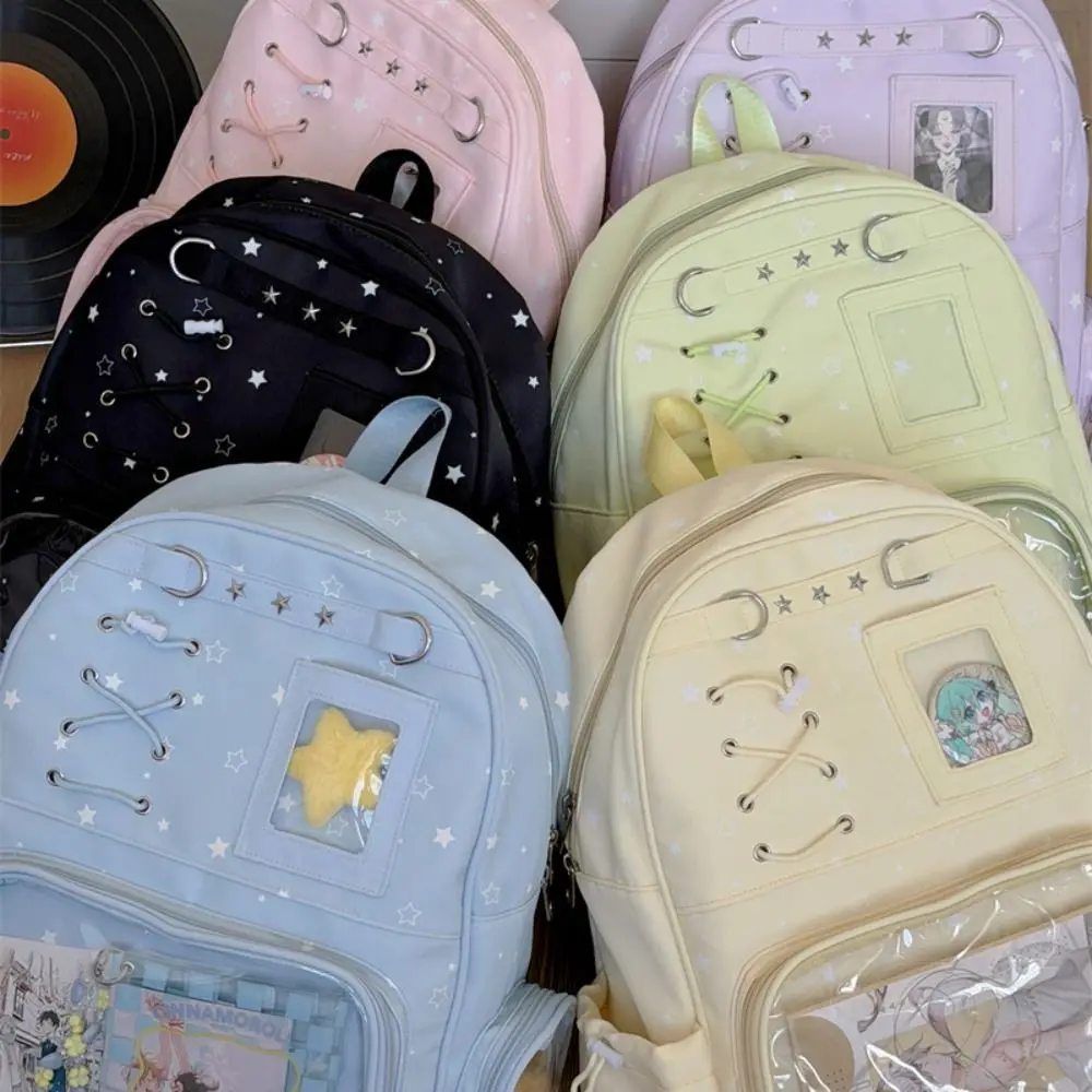 Kawaii Transparent Star Print Backpack Lolita Y2K Student School Bag Multiple Pockets Large Capacity Display Knapsack Travel Use