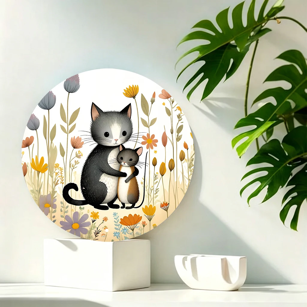 JIT 1-pc Light floral wreath mother kitten print round metal tin sign wall decor, easy to hang & smooth surface, this delicate metal tin sign suits dorm, living room and reading nook for indoor wall layout, great present for friends and close girlfriends
