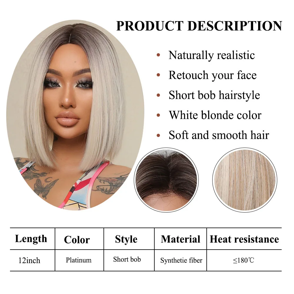 Ash Blonde Short Straight Bob Synthetic Wigs with Dark Roots Gray Platinum Middle Part Wig for Women Natural Heat Resistant Hair