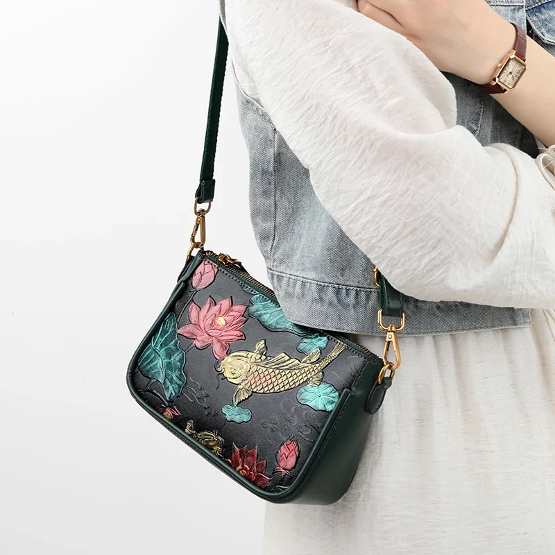 Designer Shoulder Bag Women Crossbody Purse for Mom Retro Carp Lotus Chinese Style Small Bag New Colored Ethnic Style Sac Luxe