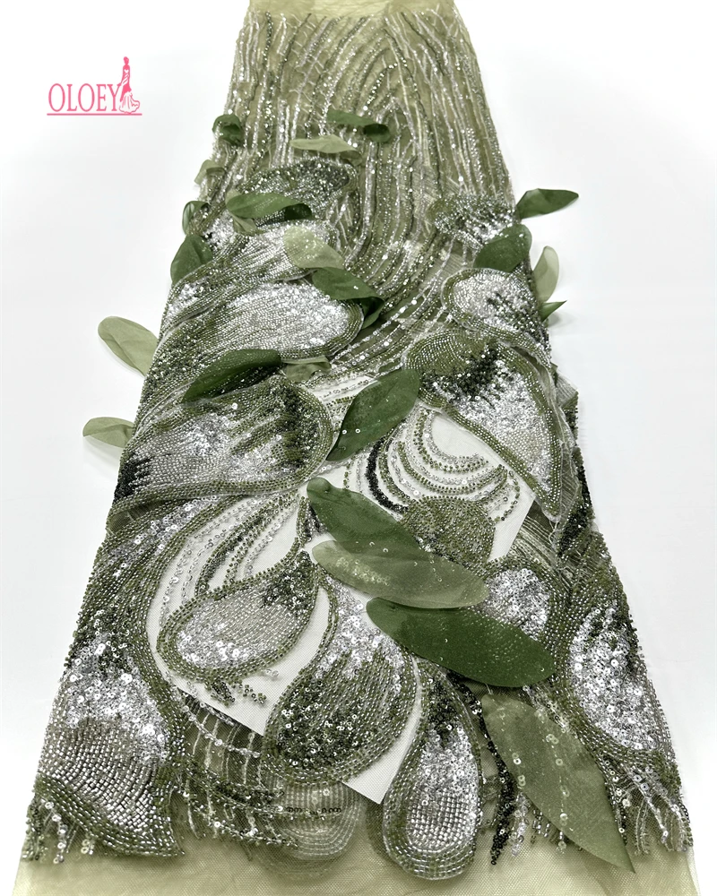 

OLOEY African Lace Fabric 2025 French 3D Flower Sequins Embroidery Beads Tulle High Quality for Party Dress