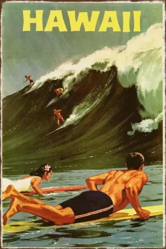 Hawaii Surfing Travel Advert Vintage Retro Style Metal Sign, beach, holiday