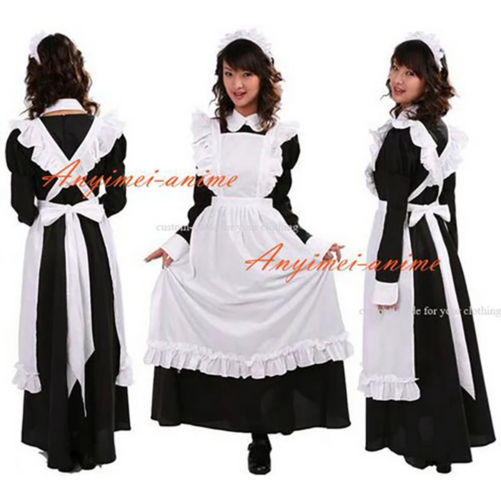 fondcosplay adult sexy cross dressing sissy maid long black Cotton Lockable Dress Maid Uniform white apron CD/TV[CK1219]