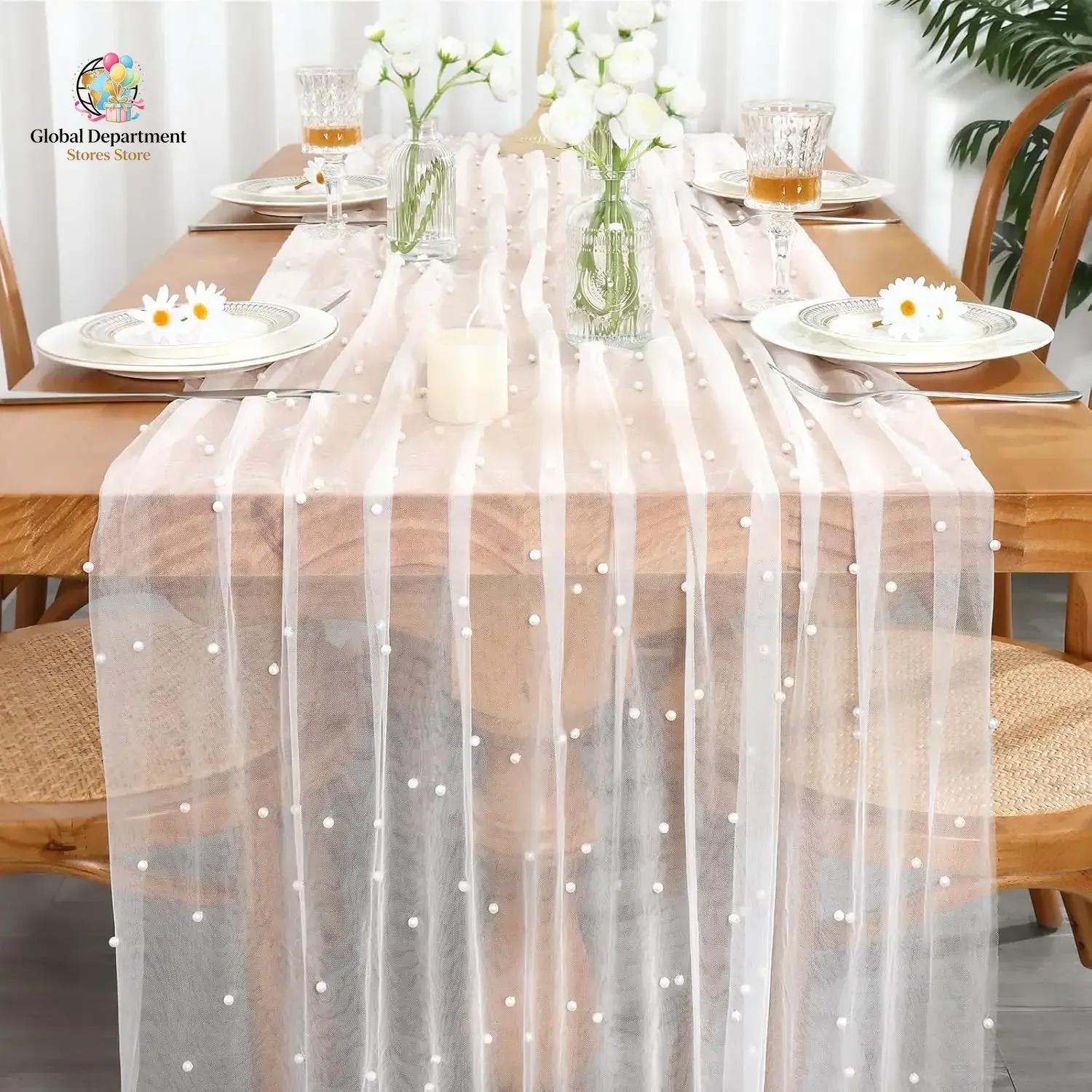 4/6/8Pcs Pearl Table Runners 10ft 29 x 120 inch Tulle Table Cloth Pearl Sheer  for Wedding Party Baby Shower Birthday Home Decor