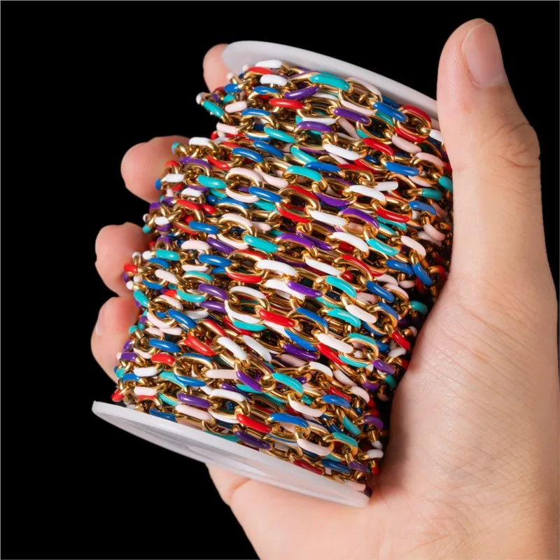 0.5m/1m  Gold Plated Stainless Steel Mixed Color Enamel Cable Link Chain for Women DIY Crafting Supplies Findings Jewelry Making