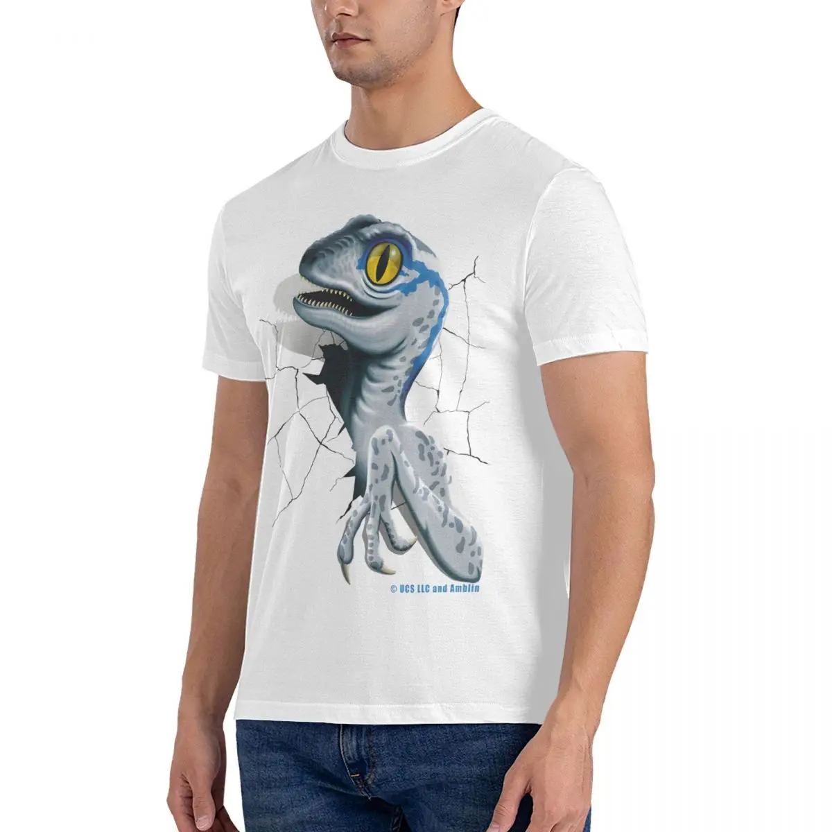 Cool Baby Blue Velociraptor T-Shirts Men Crew Neck Pure Cotton T Shirt Jurassic World Short Sleeve Tee Shirt Printed Clothing