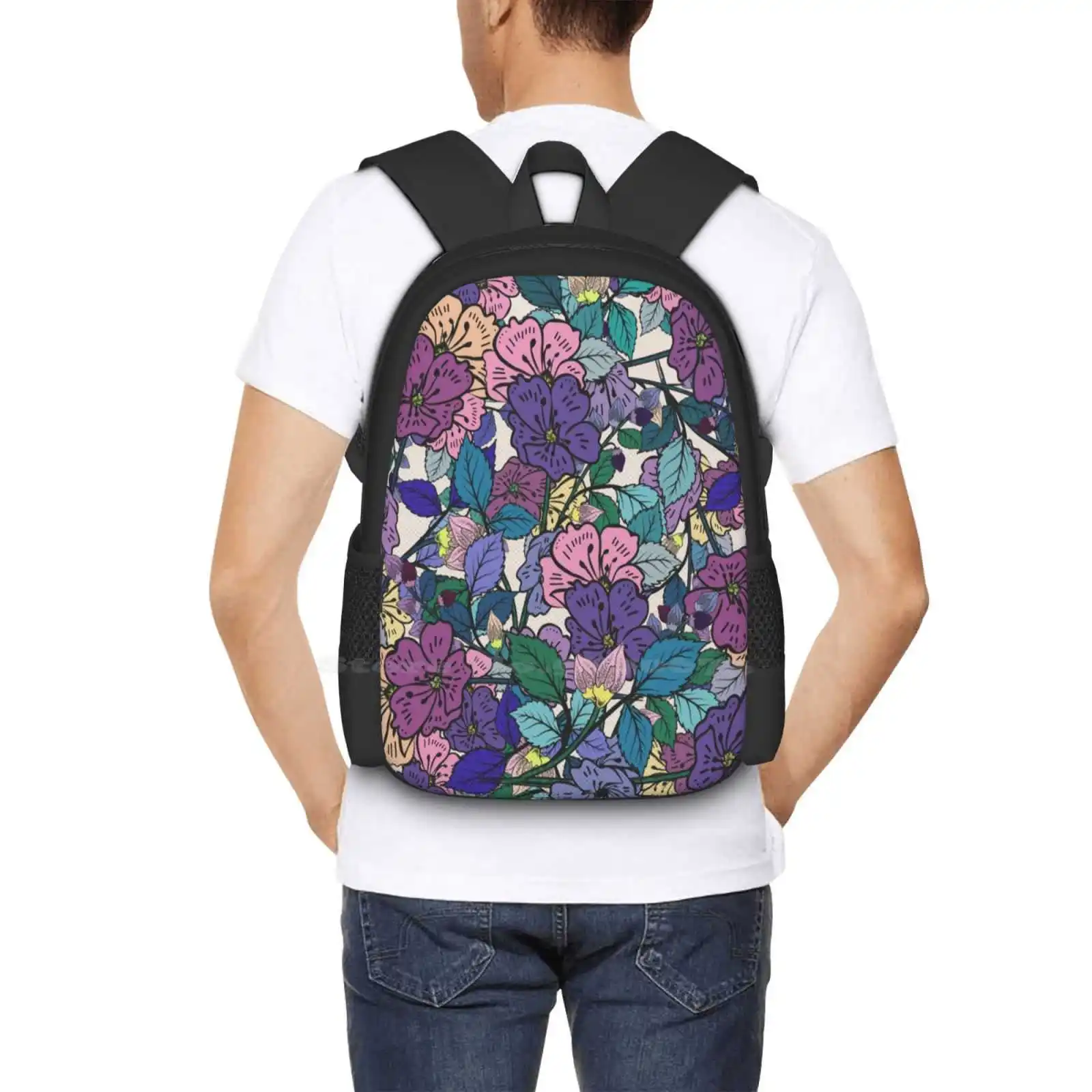 Efflorescence School Bag Big Capacity Backpack Laptop Summer Floral Flower Pattern Purple Pink Teal Green Yellow Spring Fresh