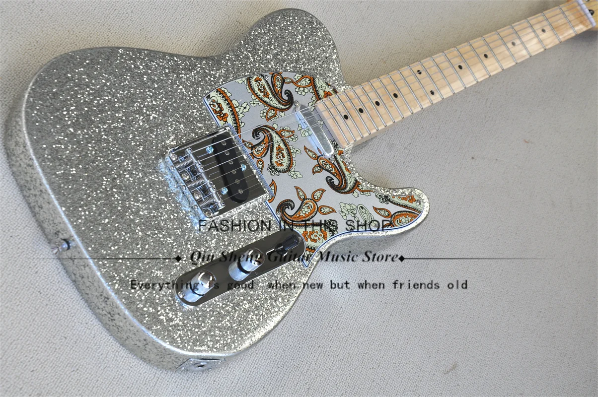 6 String Electric Guitar,Silver Powder Large Particles Body Maple Neck Abstract board maple fingerboar chrome button