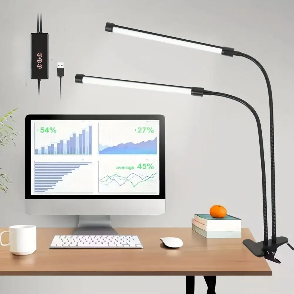 Dual-head Desk Lamp Clip-on Study Eye-Care Desk Lamp with Timer Function Reading Lamp Dimmable for Office Reading Lights