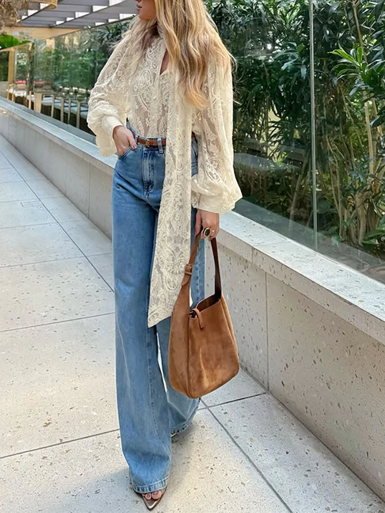 

See Through Lantern Sleeve Street Blouse 2026 Women Elegant Scarf Neck Spring Summer Shirts Fashion Lace Hollow Embroidery Tops