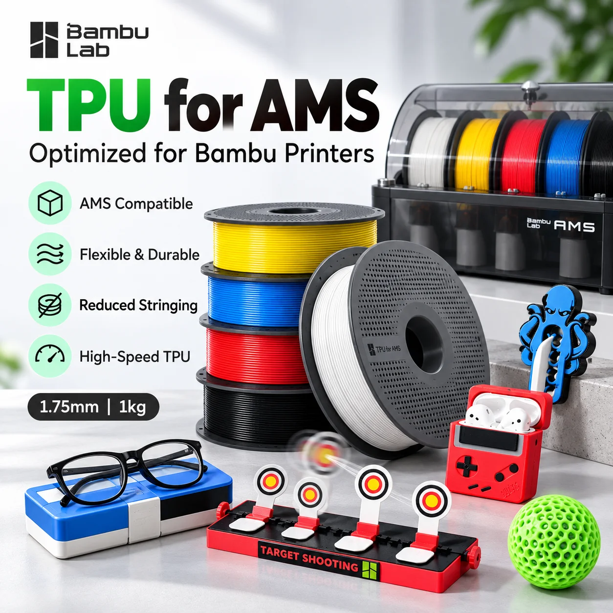 Bambu Lab TPU for AMS 1.75mm 1KG Flexible 68D Filament, High Speed Low Stringing for AMS & AMS Lite 3D Printers