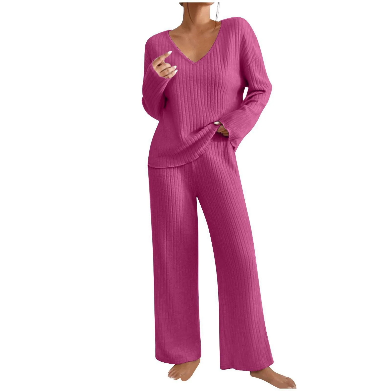 Damen Geripptes Strick-Zweiteiler-Set V-Ausschnitt Langarm-Oberteil Weite Hose Herbst Locker Lässige Loungewear Eleganter Hausanzug – Detail 8