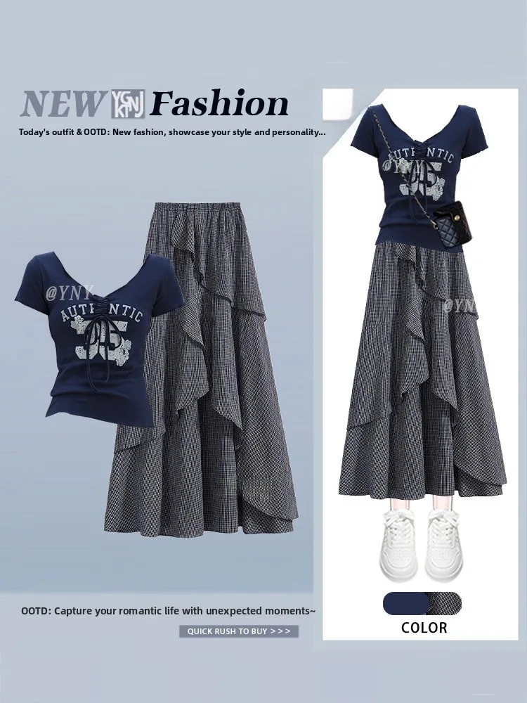 Korean Sle Letter Embroidery Pleated ort Sve Top with A-Line Skirt Women's Faion Ensemble Elastic Waist Midi Skirt