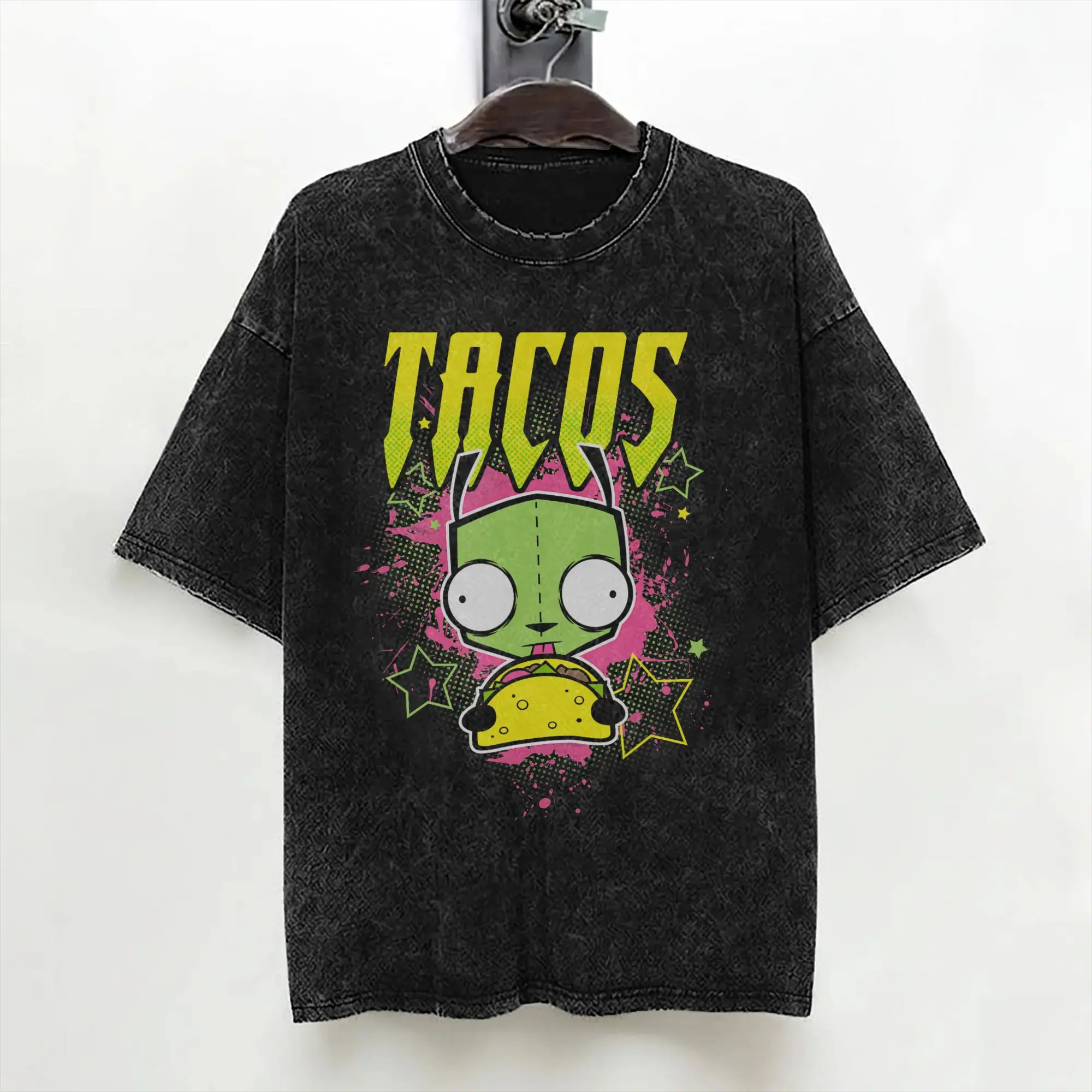 Cartoon Invaders Zim Taco Washed T Shirt Streetwear Retro T-Shirt  Tee Shirt Men Women Short Sleeve High Street Summer