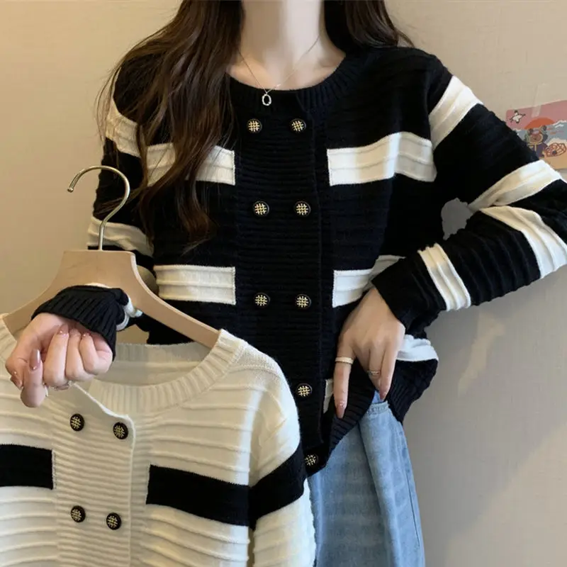 

Casual Striped Loose Knitted Cardigan Autumn Winter Casual Double Breasted Women's Clothing O-Neck Korean Long Sleeve Sweaters