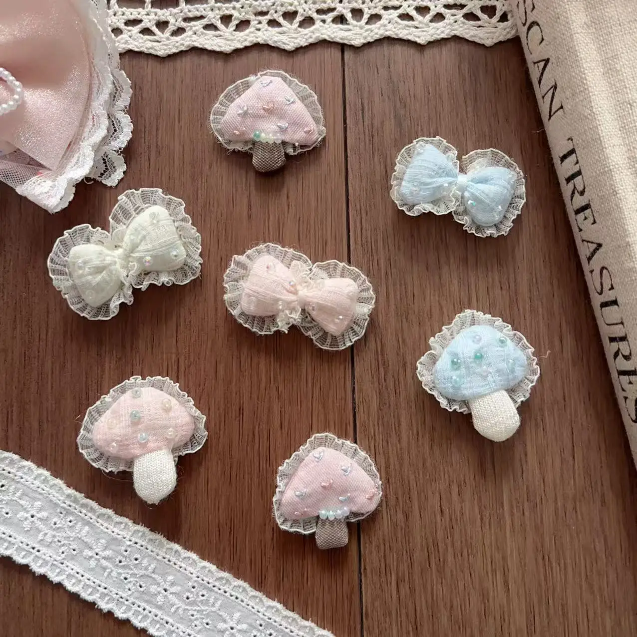 Lace Trim Fabric Colorful Bead Small Mushroom Hair Clip Brooch Pin DIY for Shoes Socks Bag Clothing Embellishment Premium