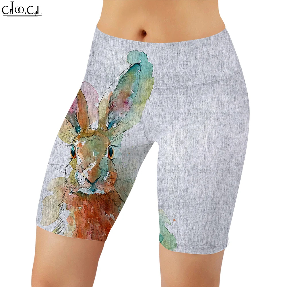 CLOOCL Damen-Leggings mit niedlichem Kaninchenmuster, 3D-gedruckte Shorts, Hosen für Damen, Outdoor-Hosen mit hoher Taille, knielange Gym-Shorts