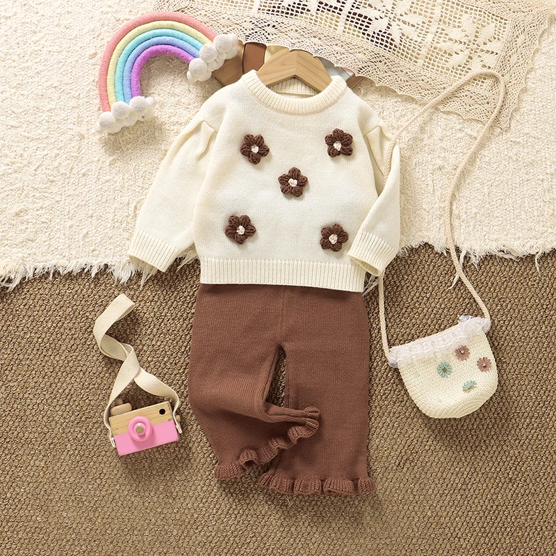 ベビー服セットニット新生児女の子セーター長袖-パンツ秋幼児子供プルオーバーファッション-3d-花-ズボン固体トップス