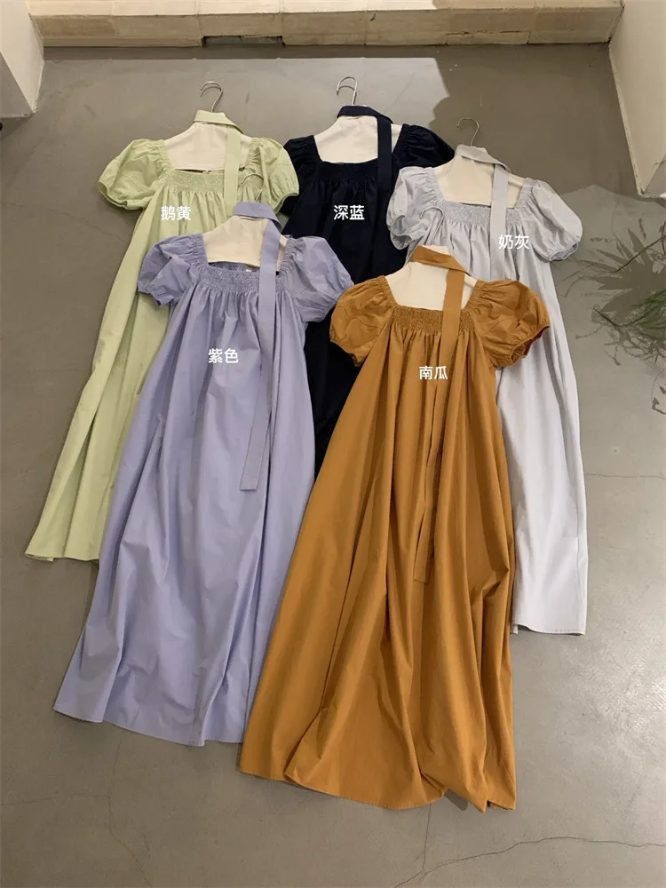 Púrpura amarillo azul marino estilo Simple moda vacaciones vestido largo suelto vacaciones de verano cuello barco elegante manga corta Puff vestido Casual