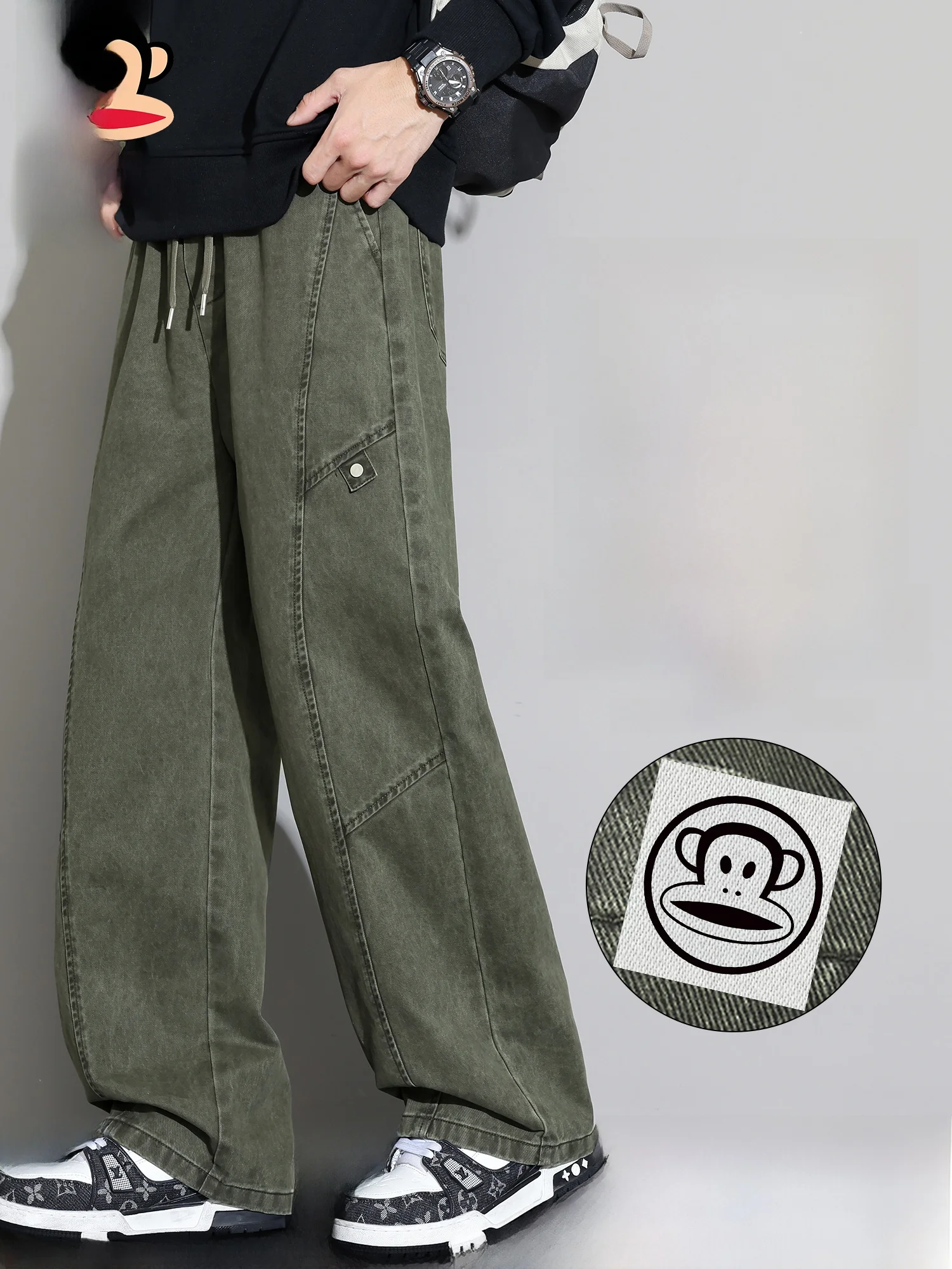 

Мужские повседневные брюки PaulFrank из чистого хлопка, весенние, винтажные, свободного прямого кроя, рабочие брюки, повседневные, свободного кроя