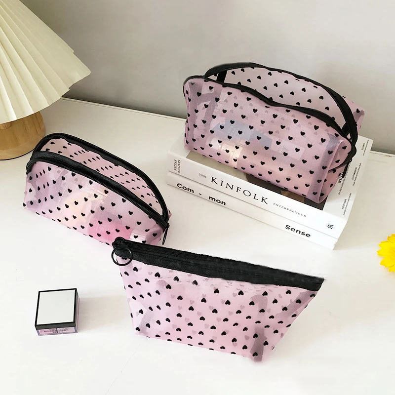 Mesh Flocking, Love Washing, Storage, Portable Travel Cosmetic Bag, Large Capacity And Breathable