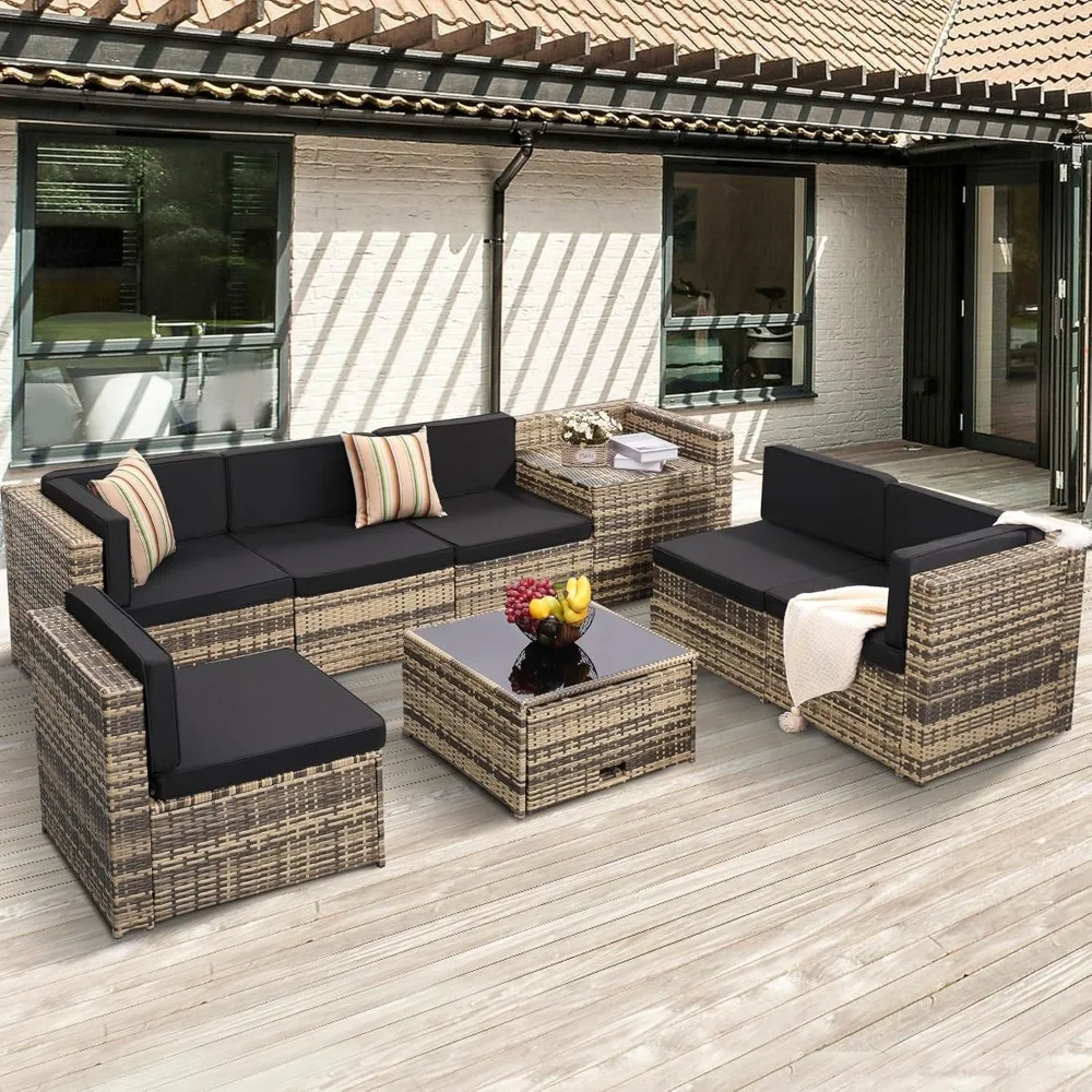 8 Pieces Outdoor Wicker Rattan Patio Furniture Sectional Set, Glass Top Table with Hidden Storage, 7 Sofa Sections