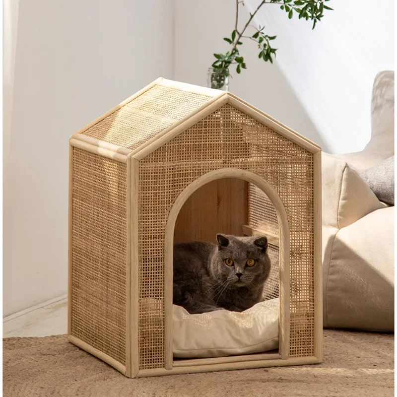 Japanese Cat\'s House High Appearance Level Beds for Cats Creative Rattan Weaving Litter Cats Ventilation Breathable Pet House