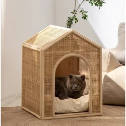 Japanese Cat's House High Appearance Level Beds for Cats Creative Rattan Weaving Litter Cats Ventilation Breathable Pet House