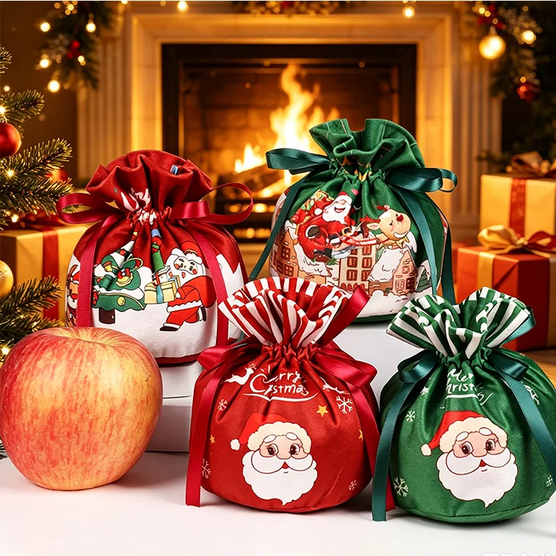 Christmas Velvet Drawstring Gift Bags, Christmas Eve Apple Candy Treat Pouch Party Favor  20PCS