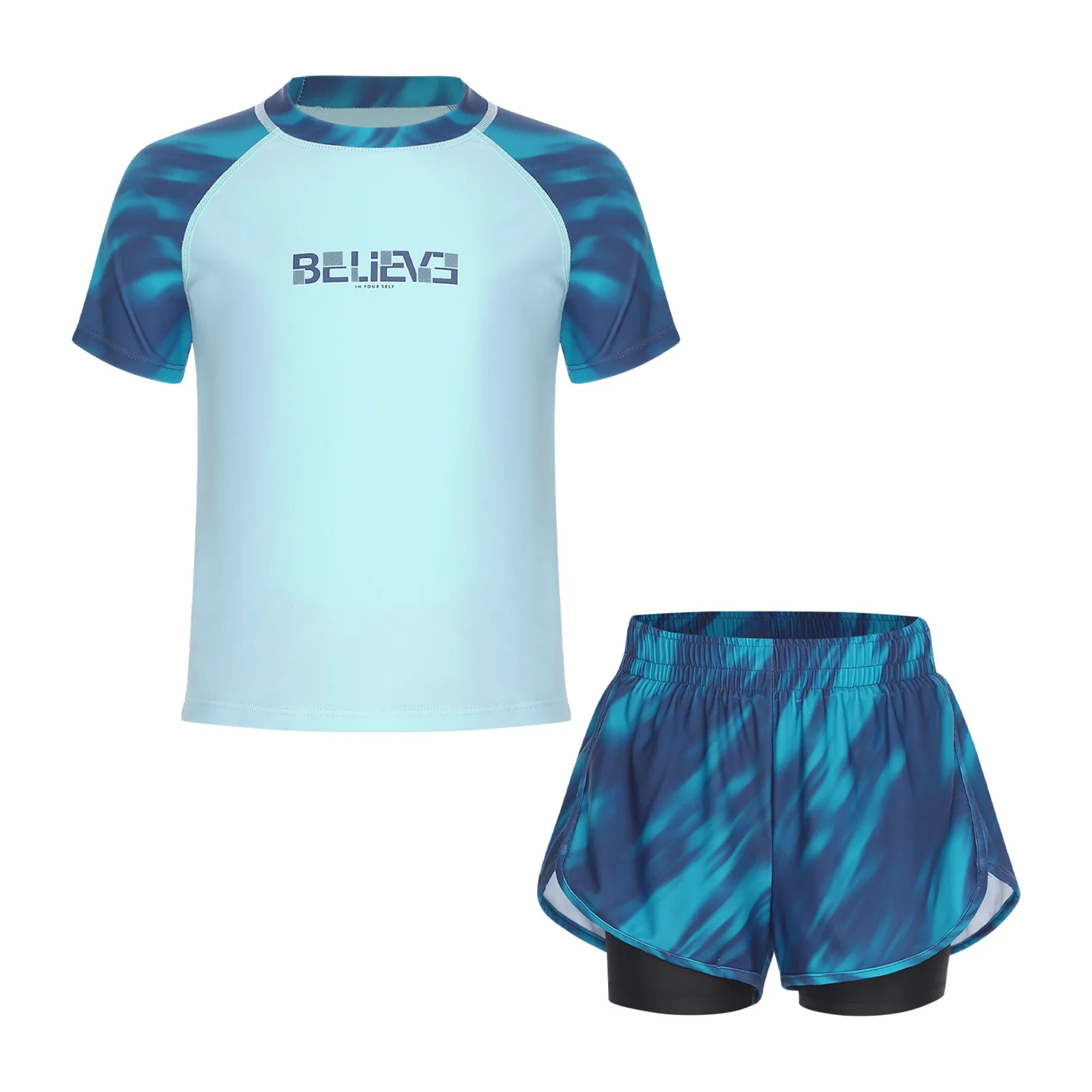 

Kids Boys 2 Piece Bathing Suit Quick-Drying Color Block Swimsuit Short Sleeve Top with Drawstring Elastic Double Layer Shorts
