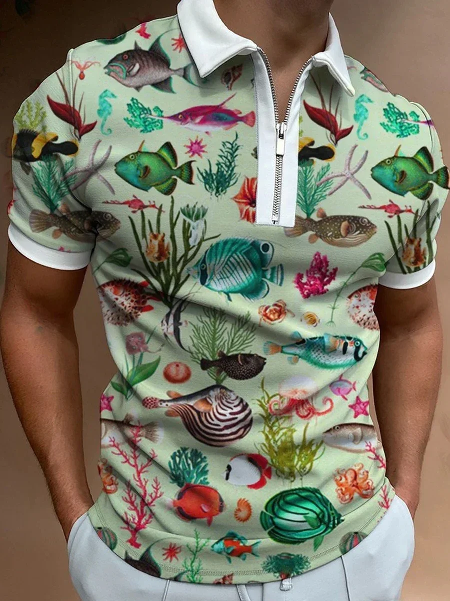 Men's Fish Pattern Short Sleeve Polo Shirt 3D Printed Zip Up Polo Shirt