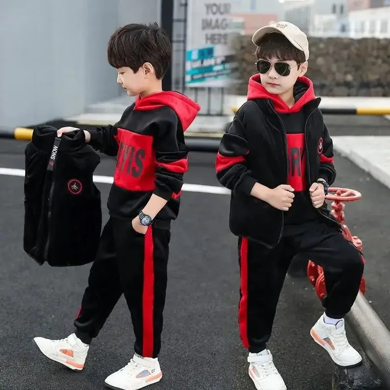 2023 winter Boys tracksuit Autumn Toddler Teenager Clothes vest velvet jacket + Sweatishrt hooded + Pant Children Kids 4 12 year