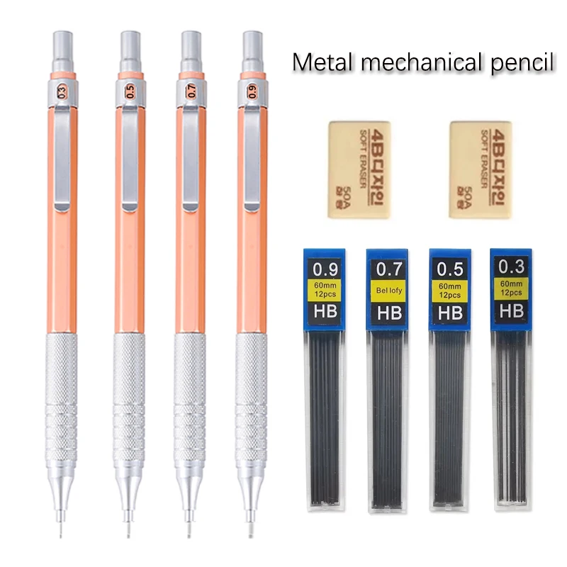 0.3 0.5 0.7 0.9mm Low Center of Gravity Pencil Rose Gold All Metal Automatic Pencil with Lead Eraser Painting Writing Stationery