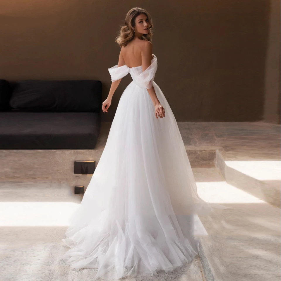 Elegant Off Shoulder Backless Women Wedding Dresses Shining Tulle Princess Bridal Gowns Mopping Length Vestidos De Novias 2024