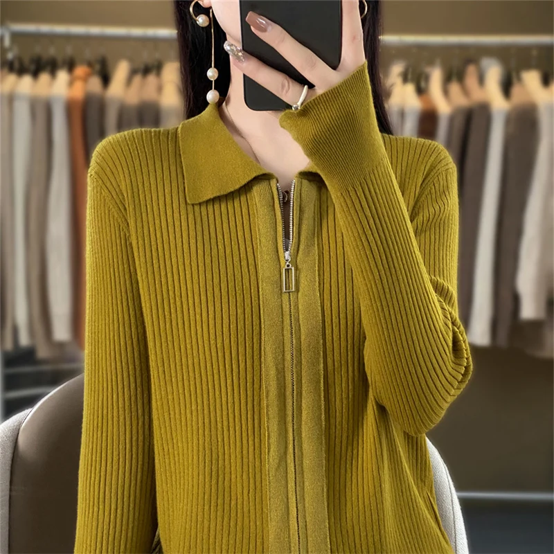 Women's boutique zippered cardigan sweater, autumn and winter knitted cashmere sweater, women's solid color long sleeved top