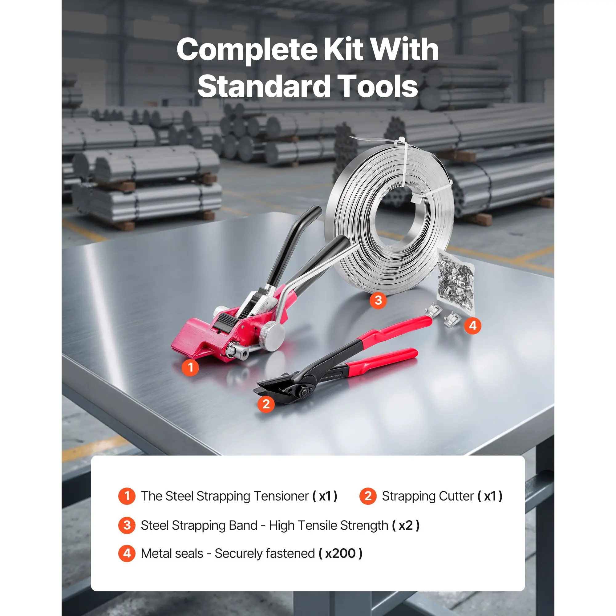Steel Banding Strapping Kit, Heavy Duty Banding Sealer Tool With 200 Ft Binding Straps, 200 Metal Clasps, Manual Pallet