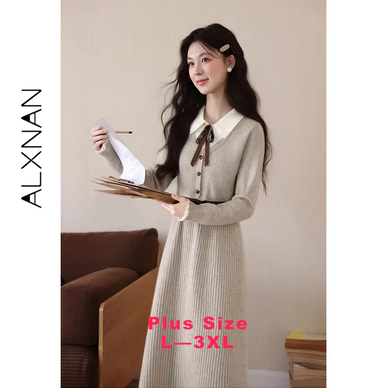 

ALXNAN Plus Size Long Dress French Knitted Long Sleeve Autumn Slim-fit Midi Party Dress Elegant Oatmeal Women Clothing D662231