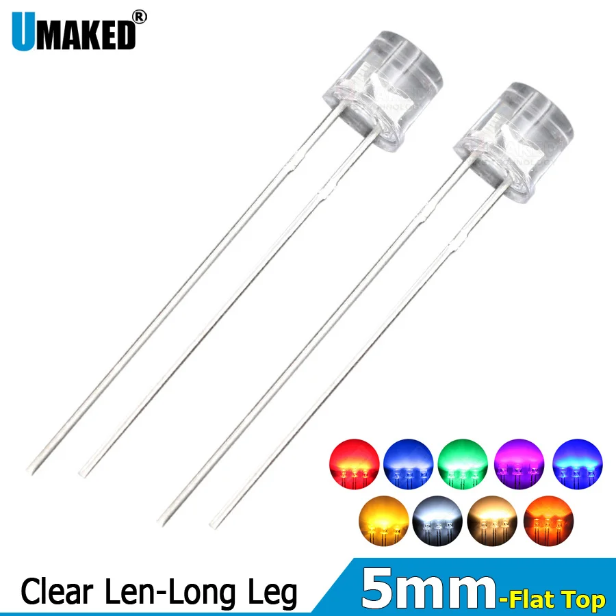 1000pcs 5mm LED flat top lamps F5 Clear Len diodes chip 20mA light beads F5 led Emitting diodes WW/W/R/G/B/Y Lighting DIP lamps