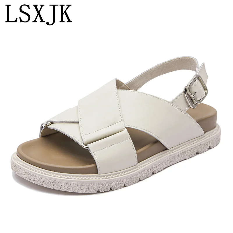 

LSXJK Leather Sandals Female 2022 New Summer Outer Wear Angel Wind Flat Platform Thick Bottom Beach Roman Shoes