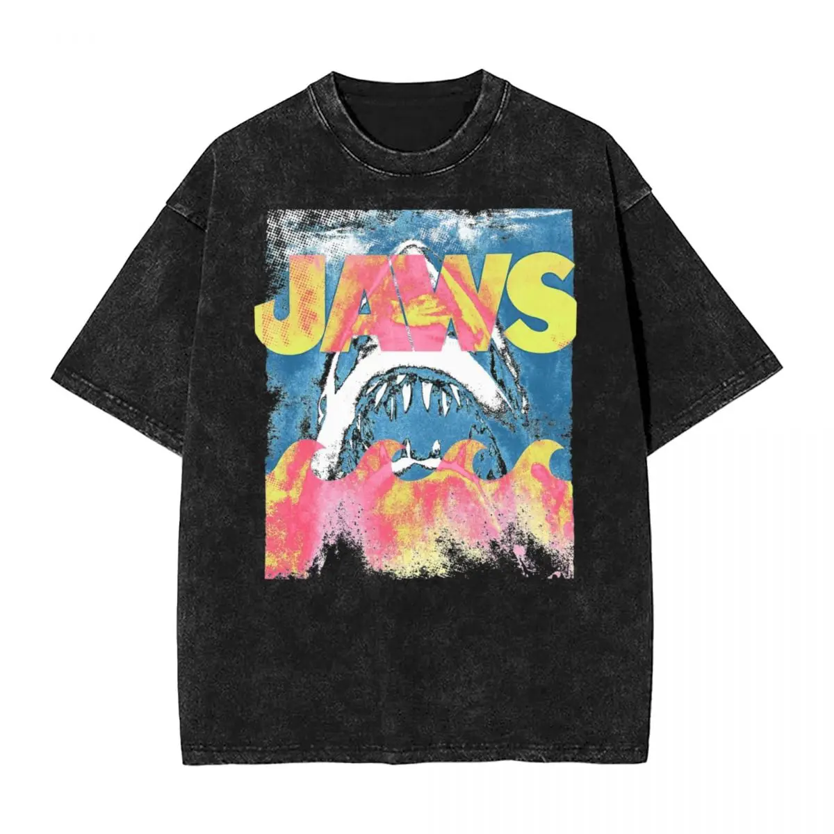 Jaws Distressed Artsy Poster Washed T Shirt Streetwear Hip Hop Vintage T-Shirt Tees for Men Women High Street Summer