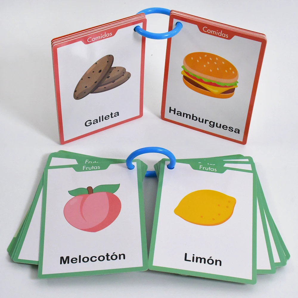 4 temas, frutas, verduras, alimentos, animales, partes del cuerpo, tarjetas de vocabulario español para niños, tarjetas educativas para escuela en casa, material didáctico