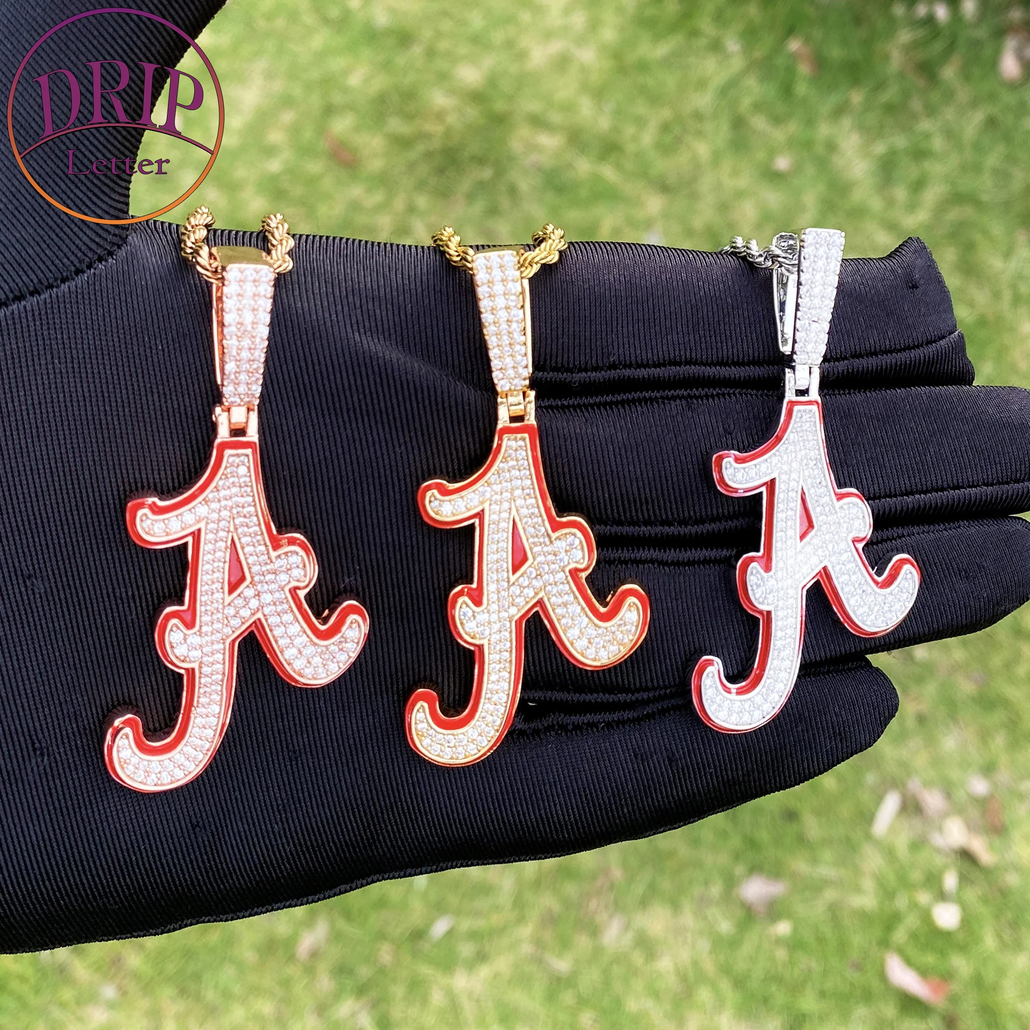 

Drip Letter Iced Out Cursive Initial A Necklace Pendant for Men Prong Setting Cubic Zirconia Hip Hop Jewelry