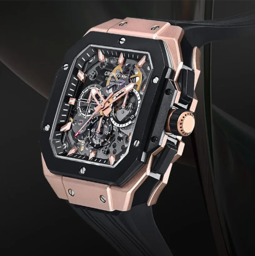CRONUSART الرجال ساعة أوتوماتيكية كرونوغراف 45 مللي متر مربع الذاتي لف الميكانيكية ساعة اليد الكربون الصلب حالة Lume الهيكل العظمي الهاتفي