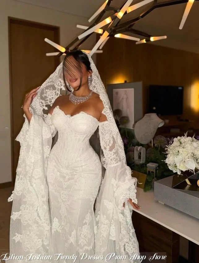 Aangepaste kant strapless trouwjurk geborduurde zeemeermin bruidsjurk korset verlovingsjurk kerk bruiloft zoete bruid