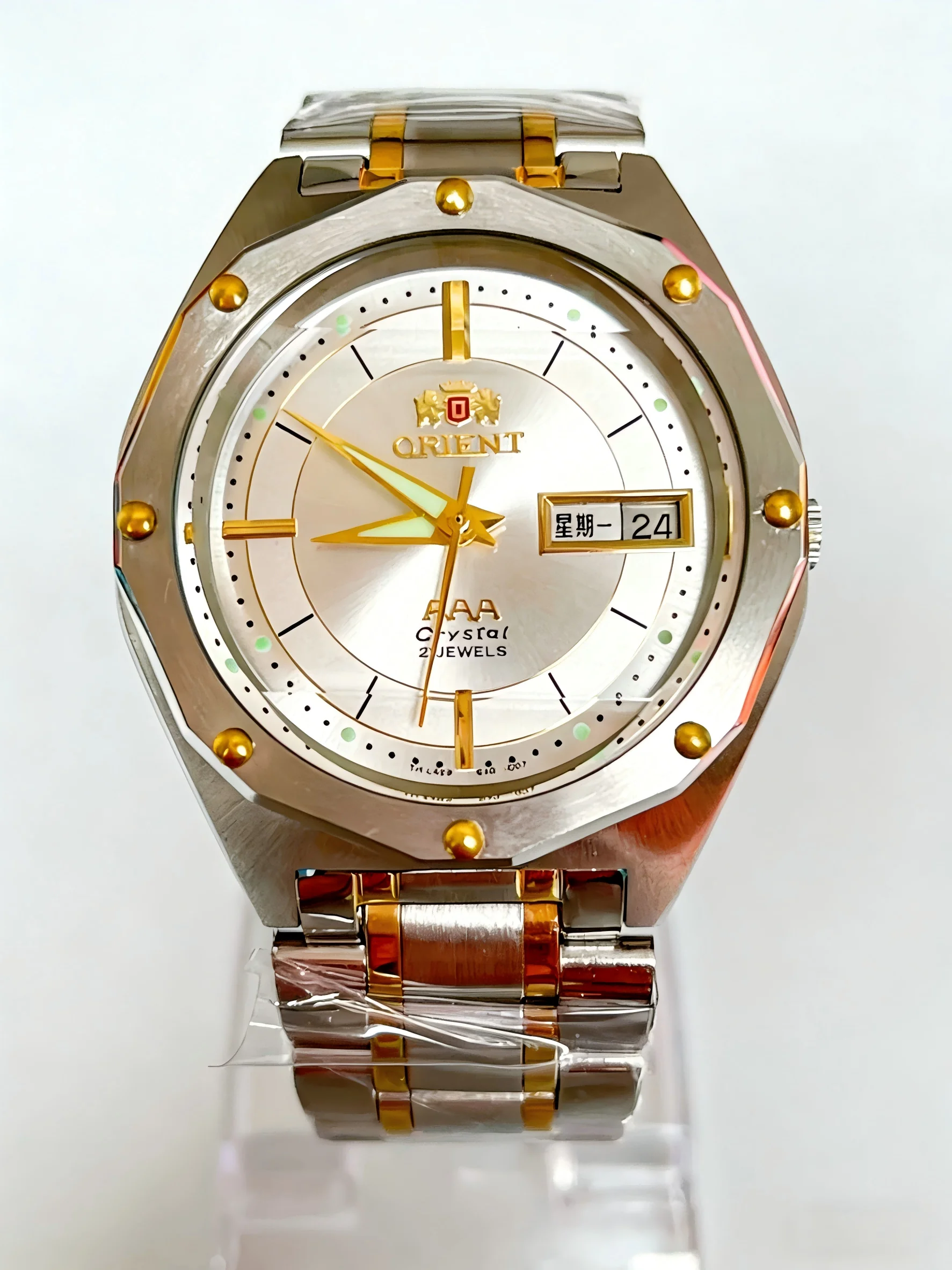 

ORIENT Men's Two-Tone Stainless Steel Watch Green Dial Luminous Hands Day-Date Display AAA Crystal Analog Wristwatch