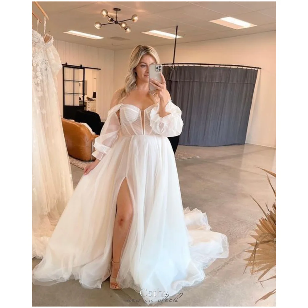 Cathy Sexy Organza فساتين سهرة Off the Shoulder Side Split Vestidos De Noiva Floor-Length Puffy Sleeves robe de mariée 2024