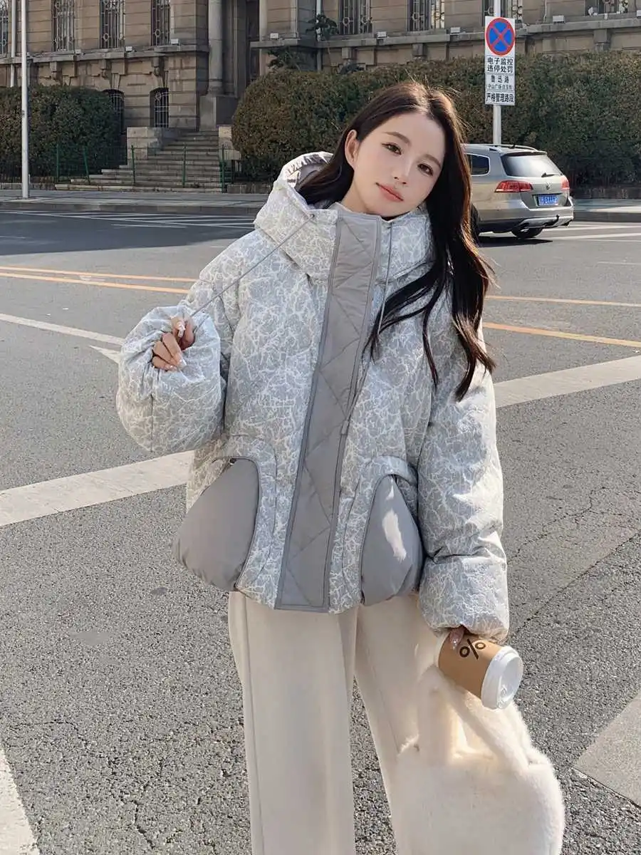 Cinza claro impresso com capuz jaqueta de inverno feminino novo coreano grosso quente curto pato branco para baixo casaco zíper fivela escondida estilo