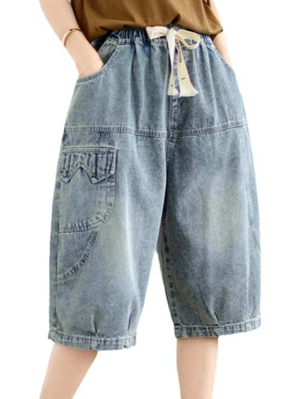 جينز فضفاض واسع الساق للنساء صيفي رقيق كاجوال عالي الخصر سبعة أقدام جينز مريح مستقيم الساق